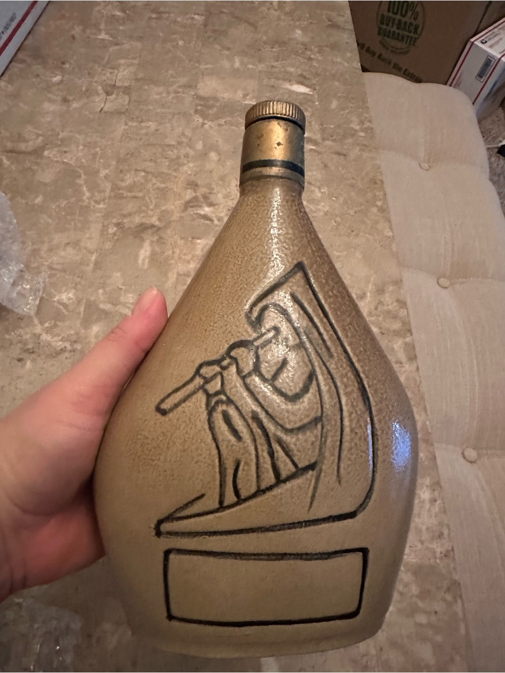 Vintage Portugal Pottery Liquor Bottle Man Playing Flute…No alcohol Present!